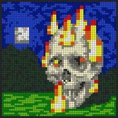 a pixellated image of a skull in the grass