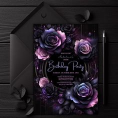 a purple and black birthday party card with roses on the front, surrounded by leaves