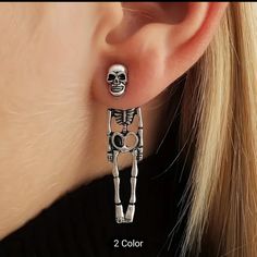 Retro Skeleton Earrings Halloween Bnwt Goth Punk Spooky Witch Ghost Season Fall Silver Punk Earrings For Concert, Silver Jewelry For Halloween Alternative Fashion, Punk Style Jewelry For Halloween Concert, Edgy Skull Earrings For Parties, Punk Skull Jewelry For Halloween, Edgy Pierced Earrings For Halloween, Punk Style Skull Jewelry For Halloween, Edgy Pierced Halloween Earrings, Edgy Halloween Pierced Earrings