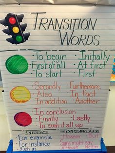 a sign with words written on it in front of a whiteboard that says transition words