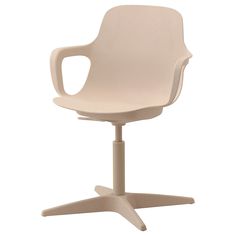 a white office chair with an armrest and casteor wheels on a white background