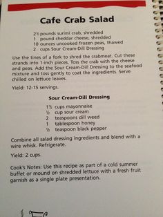 a recipe book with instructions on how to make crab salad