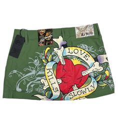 Ed Hardy Women's Multi Skirt Lks Heart Skirt - Ehw6200-3 Size Large Nwt Tiny Small Hole In The Upper Right Corner Where The Tag Was. Green Retro Cotton Mini Skirt, Retro Green Mini Skirt, Heart Skirt, Ed Hardy, Mini Skirt, Womens Skirt, Skirt, Green, Women Shopping