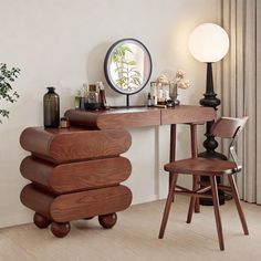 a wooden desk sitting next to a mirror on top of a table in a living room