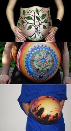 three different pictures of pregnant women with their stomachs painted like flowers and trees, one in the shape of a woman's belly