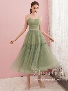 Tea Length Sage Tulle Prom Dress Homecoming Dress ARD2663-SheerGirl Tea Length Prom Dress, Tea Length Tulle, Green Homecoming Dresses, Green Tulle, Short Party Dress, Short Homecoming Dress, Skirt Maxi, Short Prom Dress, A Line Prom Dresses