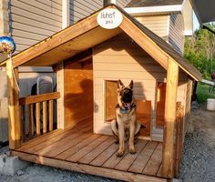 a dog is sitting in the outside of a small wooden house that has a sign on it