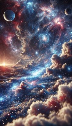 the sky is filled with stars and clouds, as if they were floating in space