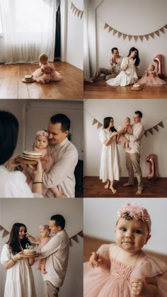 a collage of photos shows a baby being held by her mother and father, who is wearing a pink tutu