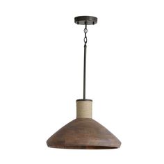 a wooden light hanging from a ceiling fixture with a chain around it's neck