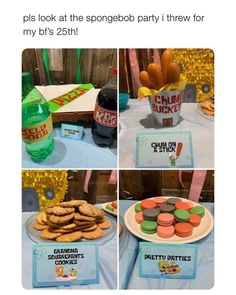 a collage of photos showing different types of cookies and pastries at a children's birthday party