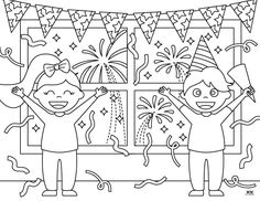 two children celebrating with fireworks and streamers in front of a party banner coloring page