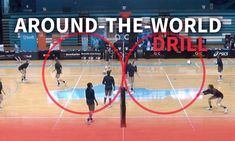 people playing basketball on a court with the words around the world drill in front of them