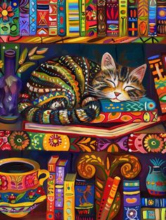 a painting of a cat sleeping on top of a bookshelf filled with colorful books