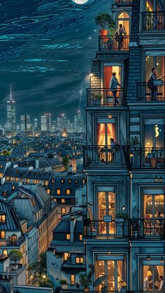 an image of a cityscape at night with people on the balconies