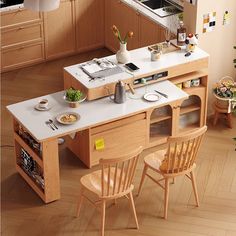 a kitchen with wooden cabinets and white counter tops, along with two chairs at the island