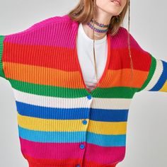 Loose Fit Cardigan In Rainbow Stripes Dropped Shoulders Front Button Through Opening Two Pockets Relaxed Fit Long Sleeve 100% Cotton Model Wears Size M And Is 177cm/5'9" Tall Trendy Multicolor Sweater With Button Closure, Multicolor Button-up Cardigan For Fall, Multicolor Button-up Sweater With Buttons, Multicolor Button-up Winter Sweater, Multicolor Button-up Sweater, Spring Multicolor Sweater With Button Closure, Multicolor Button-up Cardigan For Winter, Multicolor Button Sweater For Spring, Multicolor Button-up Sweater For Spring