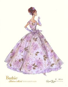 a drawing of a woman in a dress with flowers on the skirt and purple gloves