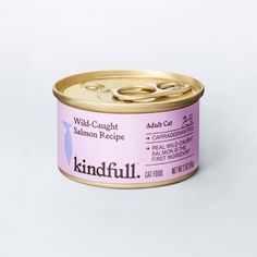 an open can of wild caught salmon recipe canned cat food on a white table top