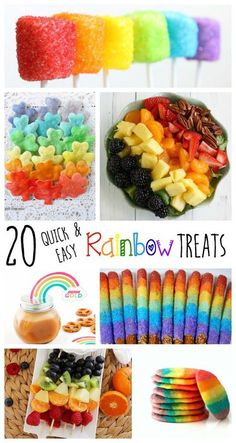 rainbow treats and desserts are featured in this collage with the words, 20 quick & easy rainbow treats