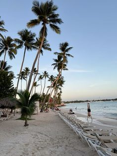 a woman is standing on the beach next to palm trees and lounge chairs in front of the water