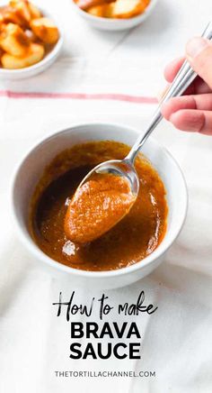 how to make brava sauce in a white bowl with a spoon on the side