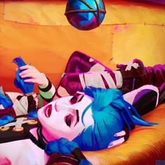 a painting of a woman laying on top of a couch next to a basketball ball