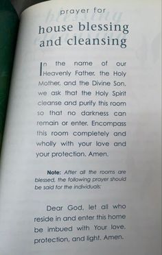 an open book with the words prayer for house blessing and cleaning on it's page