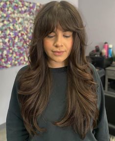 Long Layered Haircut with Bardot Bangs Butterfly Layer Haircut, Long Layered Haircuts With Bangs, Layer Haircut, Bardot Bangs, Long Layered Haircut, Long Layers With Bangs, Red Hair Trends, Hair Aesthetics, Layered Haircuts With Bangs