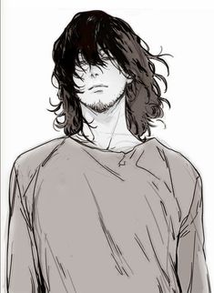 a drawing of a man with long hair wearing a gray shirt and looking to his left