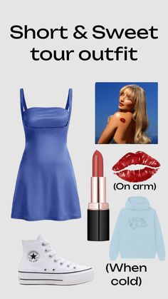 a blue dress and lipstick with the words short & sweet tour outfit on it