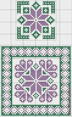 a cross stitch pattern with purple and green flowers on the bottom, in two different rows