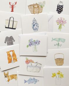 several cards with pictures of flowers and purses on them, all in different colors