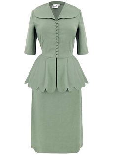 This sophisticated two-piece is replicated from an original women's CC41 suit in our collection. The sage green Verity is a light, breathable linen blend fabric, making it perfect for warmer weather, though the subtle colour doesn't preclude wear in spring and late autumn. A versatile and elegant ensemble that is perfect for a vintage-themed event such as a wedding, garden party or lunch. * Features a deep scalloped peplum * Distinctive 40s-style pulled-in waist, enhancing the wearer's silhouett Linen Skirt Suit, 40s Mode, Vintage Style Shoes, 40s Style, Vintage Knitwear, 1940s Style, Late Autumn, Vintage Tank Top, Green Retro