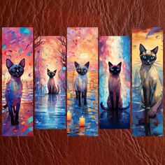 four paintings of siamese cats sitting in front of an orange background, each with blue eyes