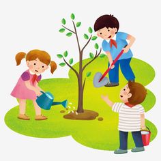 three children are watering trees in the park, and one boy is holding a shovel