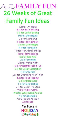 a family fun poster with the words family fun written in different colors and font on it