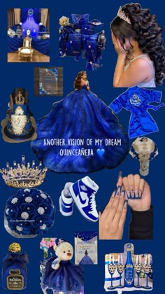 a collage of blue and white items with the words, another vision of my dream quincera