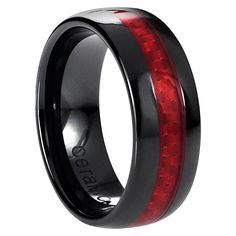 black ceramic ring with red carbon fiber inlays and beveled edges, 8mm