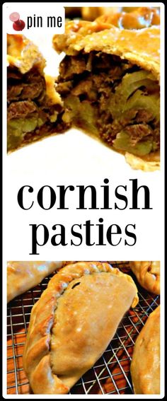 a close up of food on a rack with the words, cornish pasties