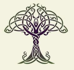 the celtic tree of life tattoo design is shown in grey and green ink on a white background