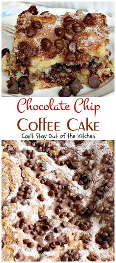 chocolate chip coffee cake on a white plate with the title in red and blue above it