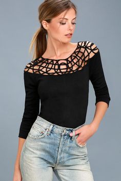 Leila Black Cutout Long Sleeve Top 1 Spring Pointelle Knit Tops For Night Out, Black Stretch Textured Knit Top, Black Stretch Knit Top With Textured Knit, Black Sweater For Spring Layering, Black Knit Top For Party In Fall, Casual Black Knit Top For Spring, Fitted Black Textured Knit Top, Black Stretch Open Knit Top, Black Open Knit Stretchy Top