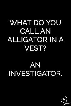 a black and white photo with the words, what do you call an alligator in a vest?