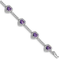 Material:  Primary - Purity: 925Finish: PolishedStone Type_1: AmethystStone Type_2: Cubic Zirconia (CZ)Stone Color_1: PurpleStone Color_2: WhiteLength of Item: 7 inPlating: RhodiumChain Length: 7 inChain Width: 10 mmClasp /Connector: Box CatchFeature: Safety BarMaterial:  Primary: Sterling SilverCompleteness: Complete (all stones included)Stone Treatment_1: HeatingStone Treatment_2: SyntheticWidth of Item: 10 mmProduct Type: JewelryJewelry Type: BraceletsSold By Unit: EachBracelet Type: GemstonesGender: Women'sMaterial:  Primary - Color: WhiteStone Creation Method_1: NaturalStone Creation Method_2: SyntheticBirthstone Month: (02) FebruaryBirthstone Month_1: (02) February Sterling Silver Heart Bracelet, Gold Grillz, Cz Bracelet, Amethyst Purple, Purple Stones, Amethyst Stone, 925 Jewelry, Heart Bracelet, Cz Stone