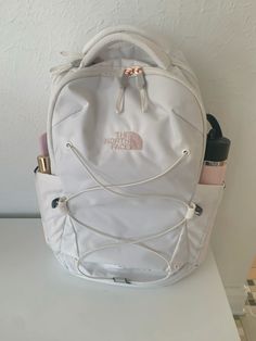 the north face backpack rose gold gardenia white burnt coral metallic aesthetic Tnf Backpack, North Face Backpack School, North Face Aesthetic, Metallic Aesthetic, The North Face Backpack, School Backpack Essentials, Mochila Nike, Pretty School Supplies, North Face Jester