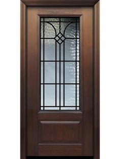 a wooden door with glass panels and a sidelight on the top half of it