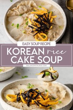 korean rice cake soup in a white bowl with black and yellow toppings on top