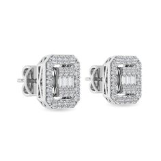 Crafted in 2.4 grams of 14K Gold, the earrings contains 48 stone of Round Natural Diamond with a total of 0.37 carat in G-H color and I1-I2 clarity combined with 6 stone of Baguette Natural Diamond with a total of 0.12 carat in G-H color and I1-I2 clarity. White Gold Diamond Accent Baguette Earrings, White Gold Baguette Cut Diamond Earrings With Accents, Classic Earrings With Baguette Diamonds, Diamond Emerald-cut Halo Earrings, Anniversary White Gold Baguette Diamond Earrings, Fine Jewelry White Gold Baguette Cut Diamond Earrings, White Gold Baguette Cut Diamond Earrings, Diamond Earrings With Baguette Cut And Baguette Diamonds, Diamond Earrings With Baguette Cut