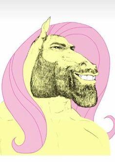 a drawing of a man with long pink hair and a goatee on his head